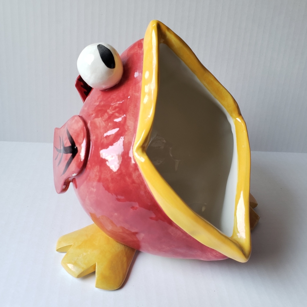 Studio Art Pottery Big Mouth Bird Signed Red Yellow Ceramic Cute 9" Wide NWOT - Picture 5 of 10